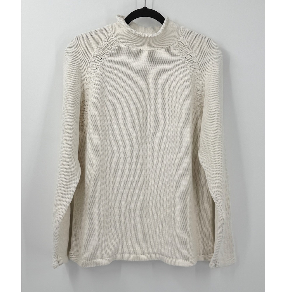 Vtg 90s J Crew Oarsman Roll Neck Sweater Womens M Cream Cotton Fisherman preppy